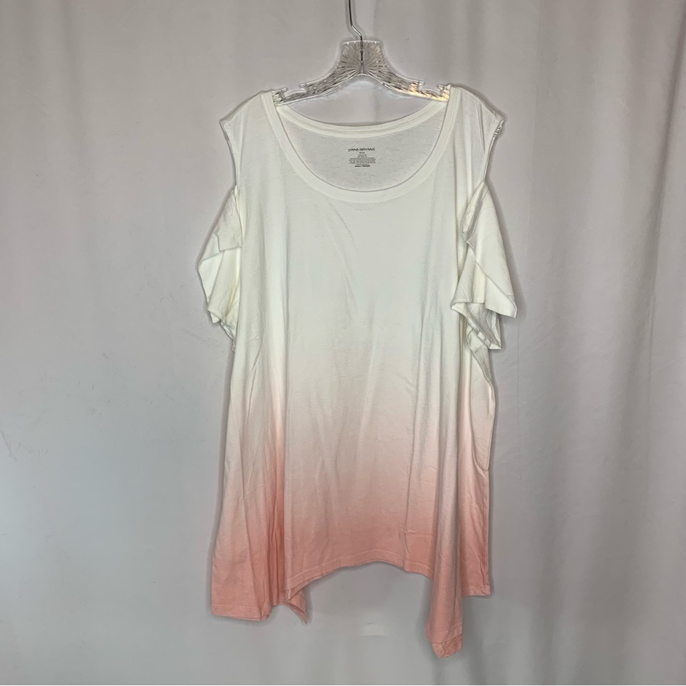 Lane Bryant Livi Active Cold Shoulder Dip Dyed Top White Pink Sharkbite Hem